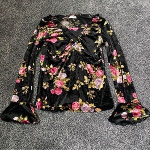 Whimsigoth Velvet Floral Bell Sleeve Top with ruffle details